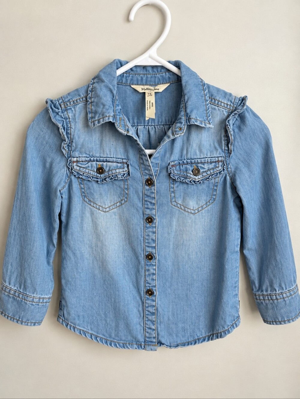 Matilda Jane Girls Chambray Ruffle Button Down Shirt Size 4